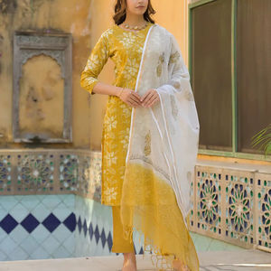 Ensemble Kurta droit à imprimé floral moutarde et paillettes pour femmes |   Vêtements ethniques en gros, pantalon et dupatta - Product Image 4