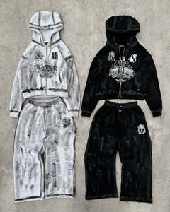 Custom Acid Wash Sweatsuit Jogging Track Suit Set Streetwear Puff Print <b>Spray</b> Wash Flare Sweatpants and Full Zip up Hoodie Set - Product Image 5