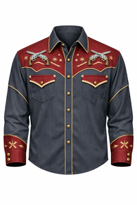 Camisa Vaquera Unisex de Manga Larga con Bordado Rodeo, Estilo Vintage Casual, Corte Ajustado, Ribete en Contraste, Personalizable OEM - Product Image 1