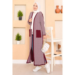 Cárdigan Bordado con Detalle de Bolsillo para Otoño/Invierno, Color Borgoña, con Rayas en Zigzag, Estilo Hijab, Tejido Casual de Cachemira y Lana con Botones, para Primavera - Product Image 3