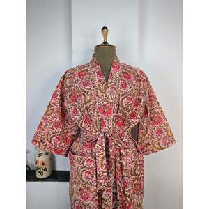 Pure Cotton Boho-Style <b>Kimono</b> Indian Handprinted Summer Dress with Peach Red Floral Print As <b>Beach</b> Cover Wear for Christmas - Product Image 4