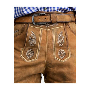Men's Casual Training <b>Shorts</b> Fashionable High Waist Leather Embroidered Lederhosen Lightweight Good Quality Button Fly Closure - Product Image 3