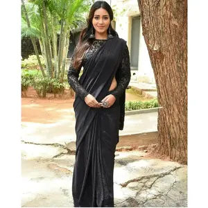 Hot Sale Designer Party Look Sexy Black Color Georgette Plain Saree With Designer Heavy Thread & Sequence Work Organza Blouse
