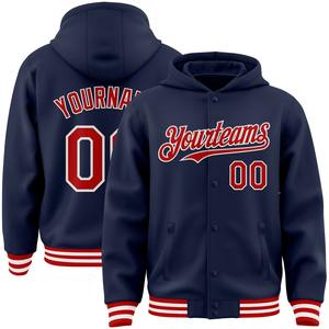 Directo industria venta al por mayor casual invierno personalizado azul marino rojo-blanco bombardero Full-Snap Varsity Letterman chaqueta con capucha - Product Image 1