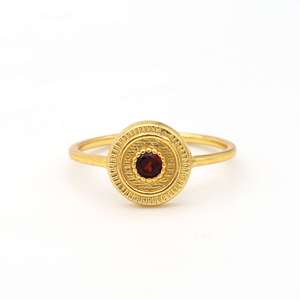 Boho Garnet <b>Dainty</b> Brass <b>Ring</b> 18k Gold Plated Round Shield Textured Wholesale <b>Ring</b> for Women - Product Image 1