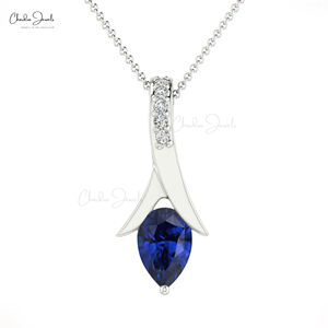 Pendentif délicat en diamant taille brillant G-H de 0,9 mm avec sertissage clos de 6x4 mm, collier en saphir bleu, or massif 14 carats, bijoux personnalisés - Product Image 3