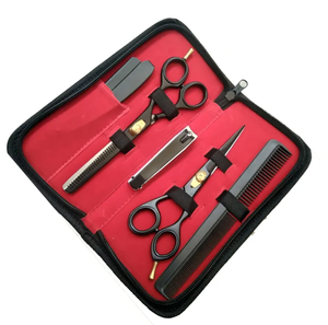 Juego de tijeras de peluquero de 5 uds., 5,5 ", maquinilla de afeitar de peluquero recubierta negra, cizalla de corte con peine, Kit de tijeras de acero inoxidable - Product Image 1