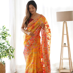 Elegante Saree Tradicional de Lino y Georgette con Estampado Serigrafiado, Suave, Duradero, Sin Arrugas, PINKWEAVE, para Todas las Temporadas, Fiestas y Bodas - Product Image 1
