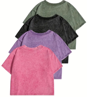 Lot de 4 T-shirts pour femmes en coton biologique écologique, style vintage, taille haute, manches courtes, col rond, légèrement extensibles, couleur unie