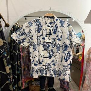 Camisa Holgada y Transpirable con Estampado Floral, Lavable, de Manga Corta, Estilo Casual, para Vacaciones, Hecha a Mano en India, de Algodón, Larga hasta el Suelo - Product Image 1