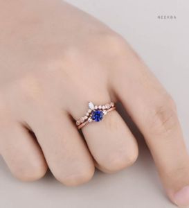 10K Solid Rose <b>Gold</b> Handmade Bling <b>Ring</b>, Art Deco Style 5 mm Round Cut Blue Sapphire Engagement <b>Ring</b> with <b>Opal</b> Stacking Band - Product Image 4