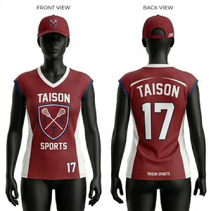 Maillot de lacrosse pour femmes, 180 GSM, polyester léger, maille rouge et blanche, panneaux latéraux contrastés, impression par sublimation, logo personnalisé - Product Image 1