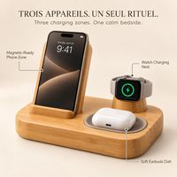 Station de charge 3-en-1 en bambou pour téléphone, montre et écouteurs, avec inserts de chargeur remplaçables, pour la maison et la table de chevet, vente en gros OEM