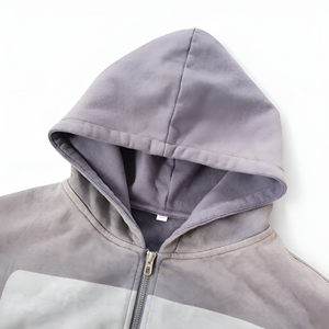 Men’s Vintage Grey <b>Zip</b> <b>Up</b> <b>Hoodie</b> with Abstract Document Style Graphic Print, Washed Finish, Long Sleeve Casual Streetwear Top - Product Image 4