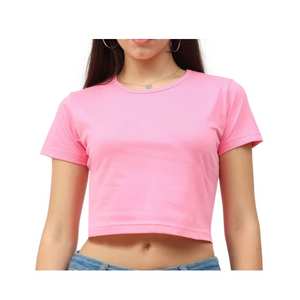 Trendy Women's 100% Cotton <b>Crop</b> Tee Slim <b>Fit</b> Casual Short Sleeve <b>T</b>-<b>Shirt</b> Breathable and Garment Dyed Solid Pattern Jersey - Product Image 5