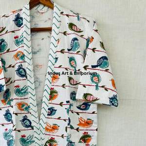 เสื้อคลุมอาบน้ำเด็กพิมพ์ลายบล็อกผ้าฝ้ายน่ารัก ขายส่ง ผ้าฝ้ายพิมพ์ลายบล็อกด้วยมือ ผ้าฝ้ายลายวาฟเฟิล คิโมโนผ้าฝ้าย - Product Image 4