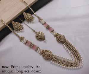 Forme ovale belle Kundan & perle travail Long collier balancent plaqué or cuivre bijoux de mariage avec Mangtika & boucle d'oreille femmes - Product Image 1