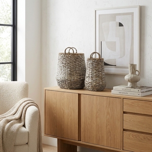 Natural Seagrass Recycled <b>Plastic</b> <b>Basket</b> Set Tapered Urn Vase Arch Handle Planter Pot Organizer Setup Decor Pure Art Room Design - Product Image 5