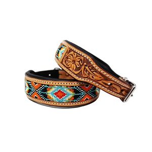 Collier de chien rembourré doux en cuir de vache perlé 100% avec sculpture et outillage à la main Fabrication en gros indienne Le chien utilise des prix bas - Product Image 1