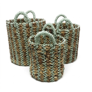 Natural Banana Bark Recycled <b>Plastic</b> Storage <b>Basket</b> Set Green Stripe Arch Handle Pot Planter Organizer Setup Decor Pure Art - Product Image 1