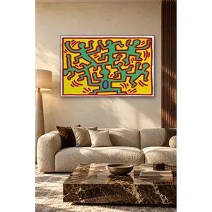 Impresión en lienzo de Fida Keith Haring con figuras verdes de árboles sobre fondo amarillo - Product Image 4