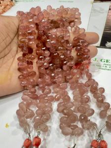 Natural Pink Strawberry Quartz Faceted Briolette Teardrops 8 Inch Strand Size 5-7mm Approx <b>Cushion</b> Cut Gemstone Loose Gemstones - Product Image 6