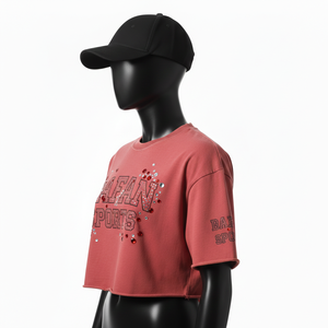 Camiseta corta de algodón premium para mujer, tejido jersey suave GSM, estampado con pedrería termoadhesiva, logotipo personalizado, camiseta corta de algodón para mujer - Product Image 4