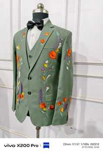 Costume de mariage vert 3 pièces pour homme, en coton de qualité supérieure, avec broderie lever du soleil, tenue Western Country Prom Party Cocktail - Product Image 6