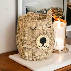 Cesta de almacenamiento de algas marinas naturales de ratán, cesta de jacinto de agua con cara de Animal, cesta de mimbre para almacenamiento de juguetes, decoración del hogar - Product Image 5