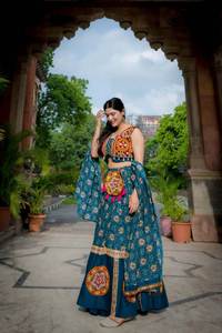 Traditional Navratri Special Navy Blue Lehenga Choli In Rayon <b>Fabric</b> with Printed Foil Work And Gamthi Work For <b>Indian</b> Womens - Product Image 3