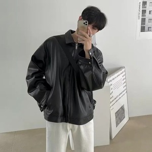 แจ็กเก็ตหนัง PU สำหรับผู้ชาย, แจ็กเก็ตมอเตอร์ไซค์สีดำทรงหลวมสไตล์ลำลองย้อนยุคอเมริกันเสื้อโค้ทมีซิป - Product Image 6