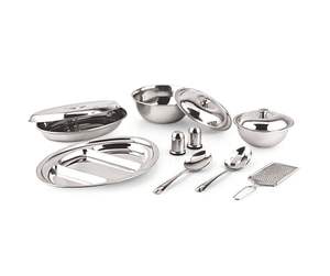 Service de table en acier inoxydable écologique et durable avec plateau à compartiments ovales, bols de service, couvercles, cuillères, salières, poivrières, râpe - Product Image 1