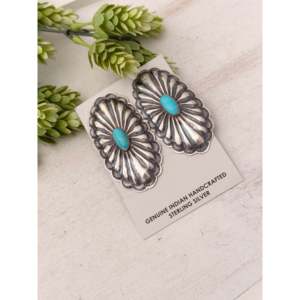 Boucles d'oreilles Rita Lee Kingman en turquoise et argent sterling, motif floral, style concho, pendantes - Product Image 4