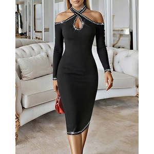 Vestido midi de scuba con hombros descubiertos, cuello halter, detalle caído y adornos para mujer, 31018 - Product Image 1
