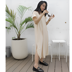 Kayla, vestido Midi de alta calidad con cuello en V para mujer, duradero, cómodo, transpirable, de poliéster, suave, sensación de la mano, patrón sólido, vestido informal - Product Image 4