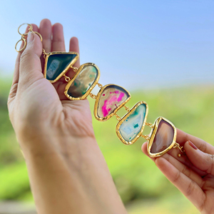 สร้อยข้อมือทองเหลืองสไตล์วินเทจสำหรับผู้หญิงสร้อยคอหินโมราชุบทองสีสันสดใสสำหรับงานปาร์ตี้ - Product Image 6