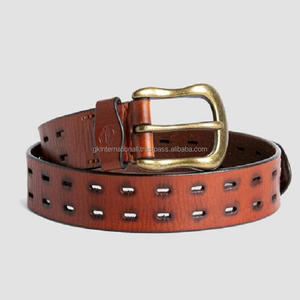 Cinturón informal de cuero de moda para hombre con estilo perforado doble hecho a mano de grano completo con hebilla de latón macizo a precio al por mayor - Product Image 4