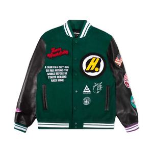 Blouson universitaire d'hiver personnalisé en laine et cuir avec broderies chenille, col montant, coupe-vent et écologique, style décontracté - Product Image 1