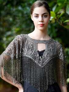 Elegant Anti-Static Ladies Organza Evening Dress with Beaded <b>Cape</b> & Embroidered Pearls Crystal for Prom Club Breathable Stylish - Product Image 2