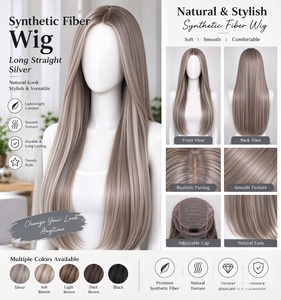 Long Straight Silver Gray <b>Synthetic</b> Fiber Wig for Women Fashion Natural Look Adjustable Cap Daily Wear Party Cosplay - Product Image 6