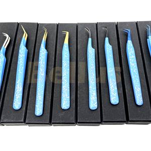 Pinzas de extensión de pestañas de acero inoxidable hechas a mano de marca personalizada, tipos de puntas múltiples con purpurina azul para salón y uso doméstico - Product Image 1