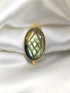 925 Silver <b>Labradorite</b> <b>Pendant</b> Hand Carved Oval Bezel Set Gemstone Gold Plated Christian Religious Symbol Wholesale - Product Image 3
