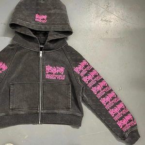 Veste courte pour femme en molleton épais de coton lourd, avec fermeture éclair personnalisée, imprimé, sans cordon, effet délavé vintage, style acid wash - Product Image 4