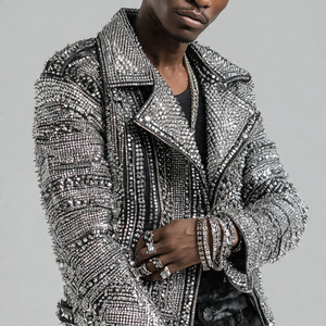 Motor Bike Silver <b>Studded</b> Leather Jacket <b>Men's</b> Letterman Rhinestone Fashion Wear Leather Jackets OEM Silver <b>Studded</b> PU Jacket - Product Image 4