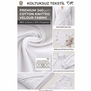 Premium 240gsm 80% Cotton 20% Polyester Knitted Velour Fabric Roll Wholesale <b>for</b> Garments Textile Supplier Made in Turkey <b>White</b> - Product Image 2