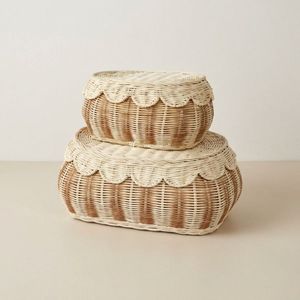 Scalloped Rattan Basket with Cover, Handmade Round Storage Organizer for <b>Home</b> <b>Essentials</b> From Vietnam Handicraft - Product Image 1