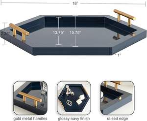Plateau Hexagonal Modern Glam 18X16 Bleu Marine et Or Plateau de Service Décoratif en Bois avec Poignées en Métal Doré Plateau de Salle à Manger Élégant - Product Image 1