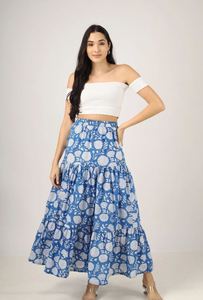 Blue Hand-Block Printed Cotton Maxi <b>Skirt</b> Custom Made Casual Floral Beach Resort Wear Plus Size Layered Design - Product Image 4