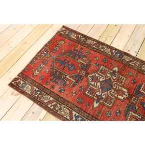 พรมตุรกีขนาดเล็ก 3x5 ฟุต (90x153 ซม.) พรมขนสัตว์ลายตารางสีแดงวินเทจ - Product Image 4