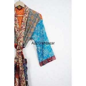Bata de Seda Vintage India con Parches, Elegante Kimono de Verano para Playa, Novia, Maternidad, Sari, Manga Larga, Cuello en V, Cordón Ajustable en la Parte Delantera - Product Image 3